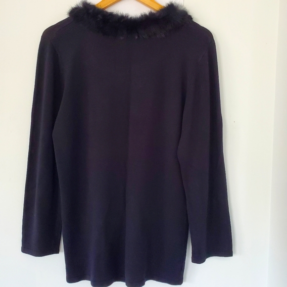 DRESS BARN Sz XL Black Rayon Knit Sweater Black Faux Fur Collar Mobwife Dressy - Picture 10 of 14